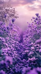 Rows of vibrant purple flowers under a cloudy lavender sky