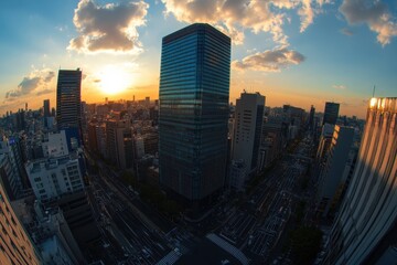 Fototapeta premium A sunset view over a bustling urban landscape with modern skyscrapers and busy streets.