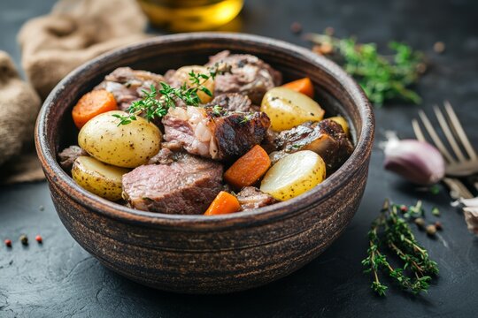 Baeckeoffe layered meat and veg casserole in dark stone bowl. Focus on delicious ingredients, rustic setting enhances cozy feel. Concept of baeckeoffe in culinary art, comfort food.