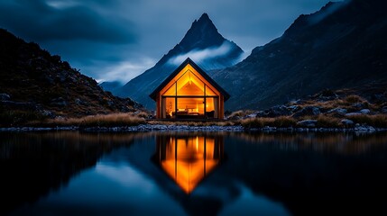 Fototapeta premium Warm cabin glow in majestic mountains at dusk serene reflection on still water