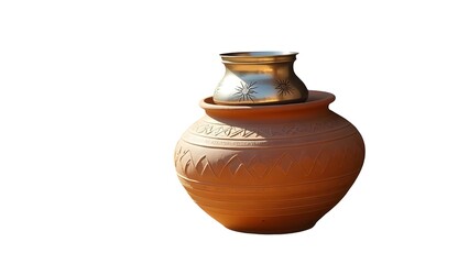 Handmade Terracotta Clay Pot with Metal Rim Decorative Rustic Vase, clay jug isolated on white background water 