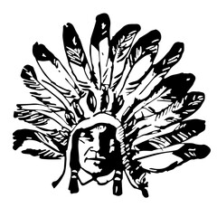 Native American wearing headdress, Vintage Vector Illustration