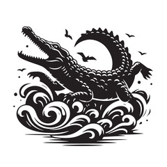 Black Crocodile Silhouette Vector, High Quality Illustration on White Background