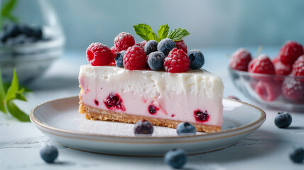 slice of creamy berry cheesecake topped with berries