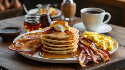 A hearty American breakfast scene with fluffy pancakes stacked with syrup, crispy bacon, scrambled eggs, and a fresh cup of black coffee