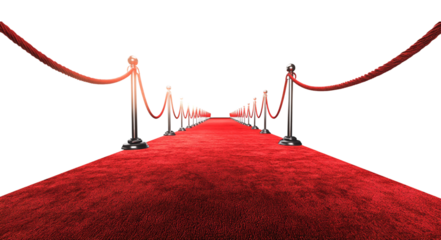 Red carpet with golden starting rope, isolated on white background.
