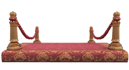 Red carpet with golden starting rope, isolated on white background.
