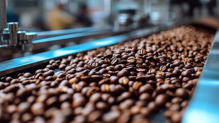 Fototapeta premium Coffee beans on a conveyor belt, highlighting the production process.
