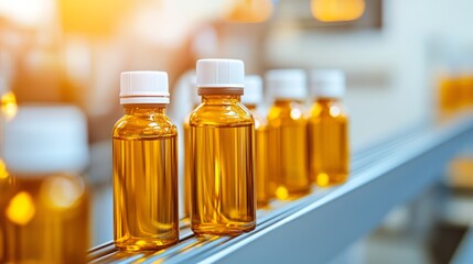 Amber liquid filled bottles move down conveyor belt in factory