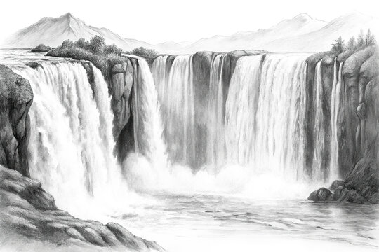 Majestic waterfalls cascade down rocky cliffs surrounded by serene nature landscape with mountains in the background