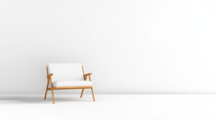 Minimalist white armchair with light wood frame against white backdrop