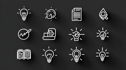 This image depicts a collection of 15 minimal simple and elegant line icons representing various concepts related to problem solving  The icons are rendered in a format