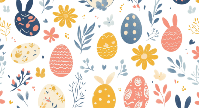 Easter background with colorful eggs, bunnies and flowers on white background.