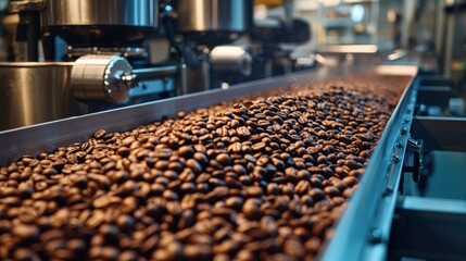 Fototapeta premium Coffee beans on a conveyor belt in an industrial processing setting.
