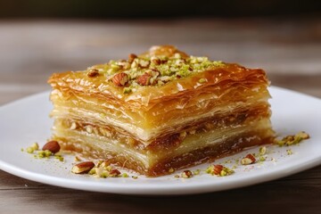 Baklava stacked on white plate. Golden-brown dessert topped with nuts, showcasing flaky layers. Concept of baklava highlights its appeal as layered nut pastry.