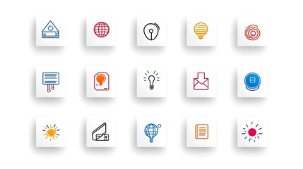 A set of 15 modern clean lined icons representing ideas technology communication and other abstract concepts