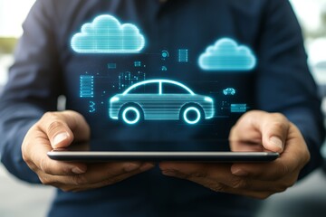 Futuristic concept of smart car technology visualization on tablet