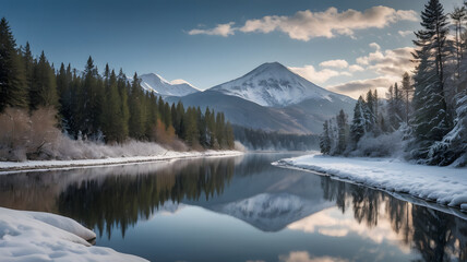 Fototapeta premium Serene Winter River and Snowy Mountains