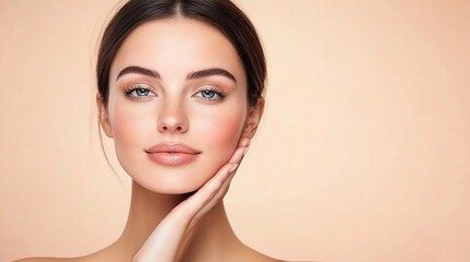 Elegant Woman with Perfect Skin Stroking Face in Soft Lighting