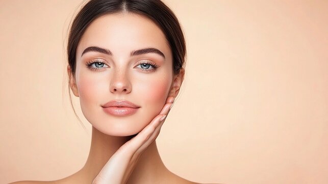 Elegant Woman with Perfect Skin Stroking Face in Soft Lighting
