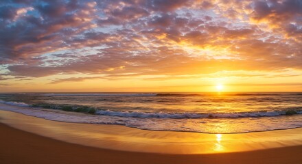 Obraz premium Golden sunset paints ocean waves with warm light creating a serene coastal scene. AI Generated