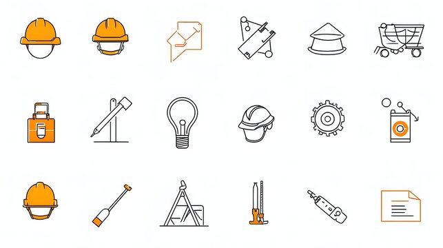 A collection of 15 detailed outline icons depicting various construction and engineering related items including hard hats tools and equipment presented in a scalable and editable format