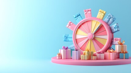 Colorful gift wheel prize draw on pastel background