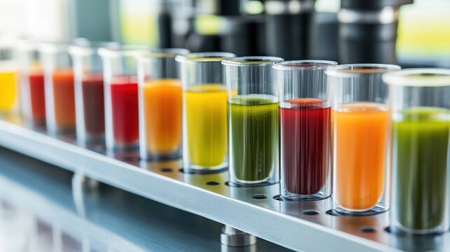 Laboratory test tubes containing various food samples for analysis, showcasing scientific research and quality control in food safety and nutrition studies.