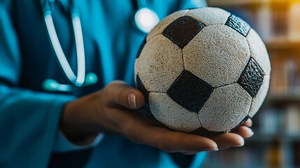 Doctor Holds Soccer Ball in Library