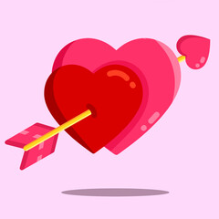 Hearts with cupid arrow illustration on pink background. Pierced hearts icon element for Valentine’s Day. Love heart arrow in pink and red color design. Symbolizing romantic relationship and affection