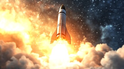 A white rocket, trailing toxic fumes, ascends into the blue sky, a stark image of industrial power against the fragile environment