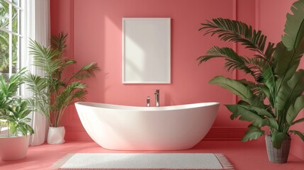 Fototapeta premium Bright coral bathroom features a sleek tub and tropical plants