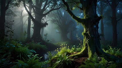 Misty forest stream, sunlight, mystical trees