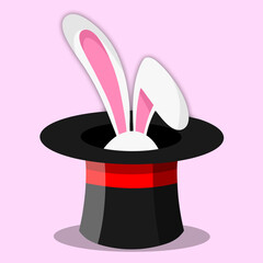 Magic hat with bunny ears vector illustration. Black magician hat with white rabbit ears isolated on pink background. Element for circus show, magic show, and entertainment party. Bunny inside top hat