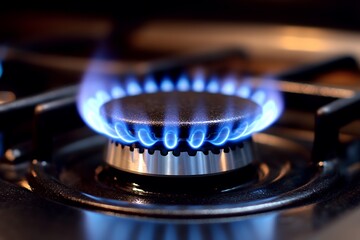 Close-up of blue flame on gas stove burner in modern kitchen