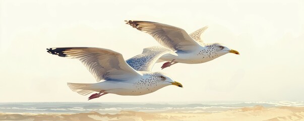 Obraz premium Seagulls flying in layered volume, coastal atmosphere, Watercolor style