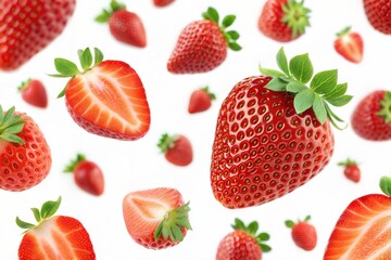 A collection of fresh, ripe strawberries, some whole and some halved, falling against a clean white background, showcasing their vibrant red color and freshness