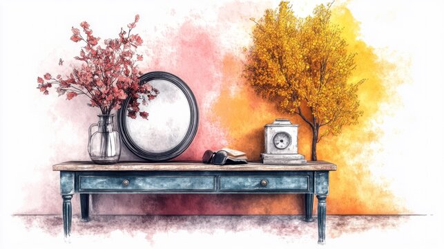 Elegant 1930s Art Deco Mirror in Historical Setting with Soft Lighting and Sepia Toned Aesthetic