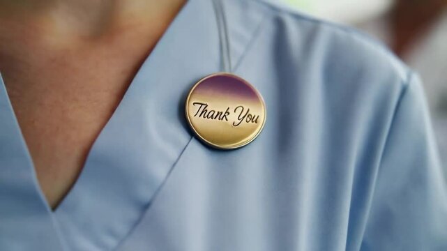 Close-up of a thank-you badge worn by medical staff, elegant and minimalist design
