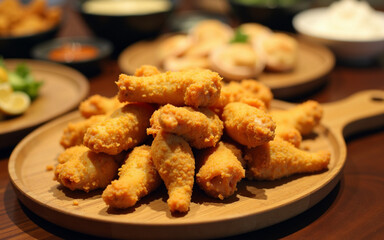 Wooden cutting board with a serving of fried chicken wings on it. The wings are golden brown and appear to be crispy on the outside.