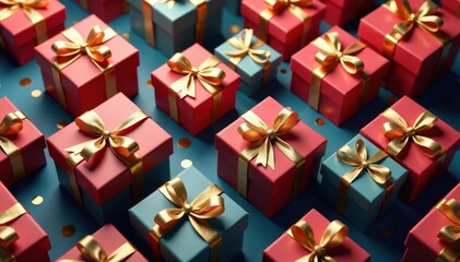 Elegant repeating gift box pattern, gold ribbon accents, celebration, paper