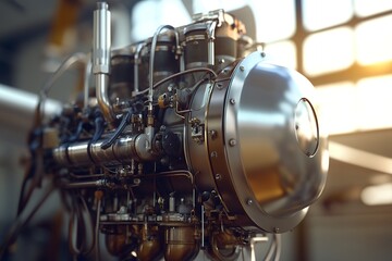 Obraz premium Industrial aircraft engine in sunlit hangar with detailed mechanical components