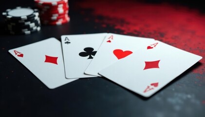 Obraz premium Four aces spread on a table, showcasing their unique design , blackjack, black, four aces