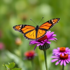 Naklejka premium A monarch butterfly delicately perched on a vibrant purple wildflower, its wings partially open, meadow, insecta, insect