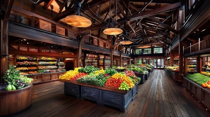 Vibrant farmers market displaying fresh produce rustic store image capture inviting interior eye-level view organic concept