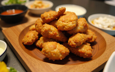 Wooden cutting board with a serving of fried chicken wings on it. The wings are golden brown and appear to be crispy on the outside.