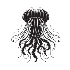 Black Jellyfish Silhouette Vector, High Quality Illustration on White Background
