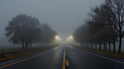 Foggy road at twilight through trees