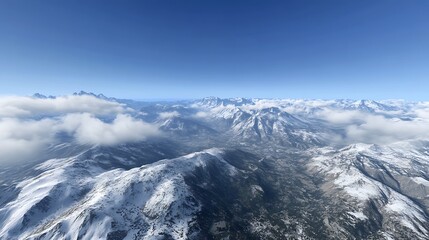 Snowy Mountain Range Aerial View Under Blue Sky with Clouds