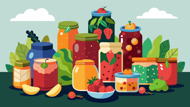 A table overflowing with homemade jams pickles and preserves each jar lovingly made with locally sourced produce.. Vector illustration